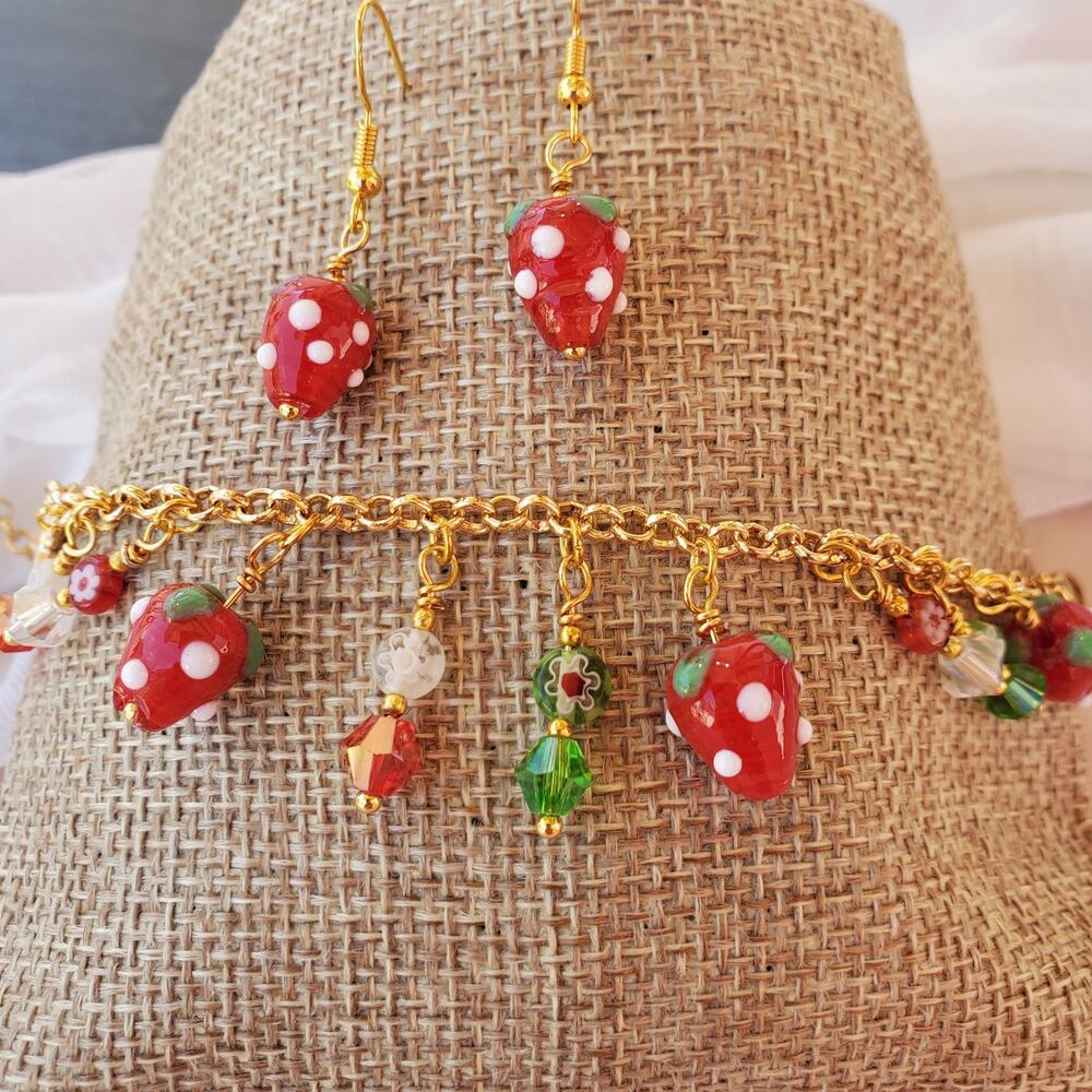 Jewelry Set Gift for Her Lampwork Strawberry Charm Gold Adjustable Band Bracelet